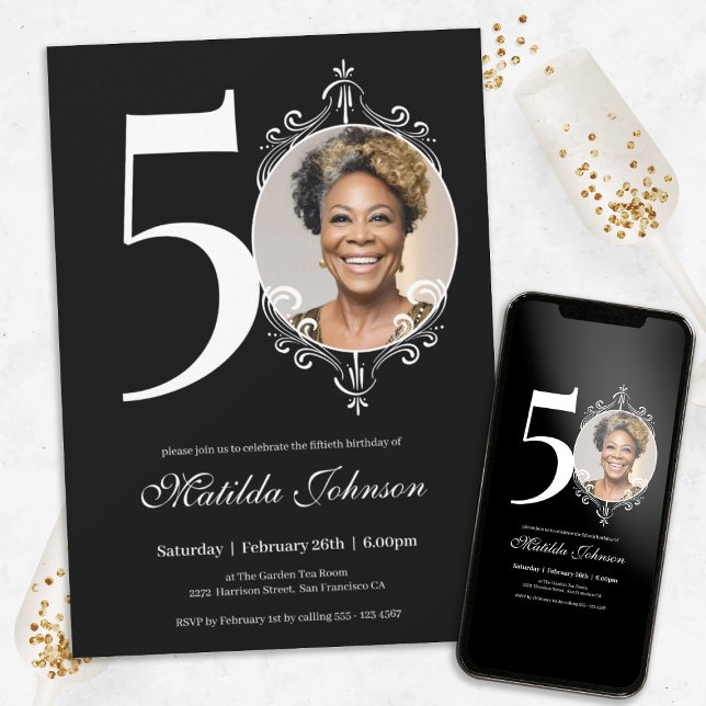 Convites Foto Elegante Preto Branco 50º Aniversário (Chic 50th Birthday Black White Simple Custom Photo Invitation)