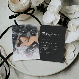 Convites Foto Elegante Preto e Branco de Aniversário de 21 