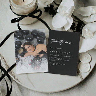 Convites Foto Elegante Preto e Branco de Aniversário de 21 