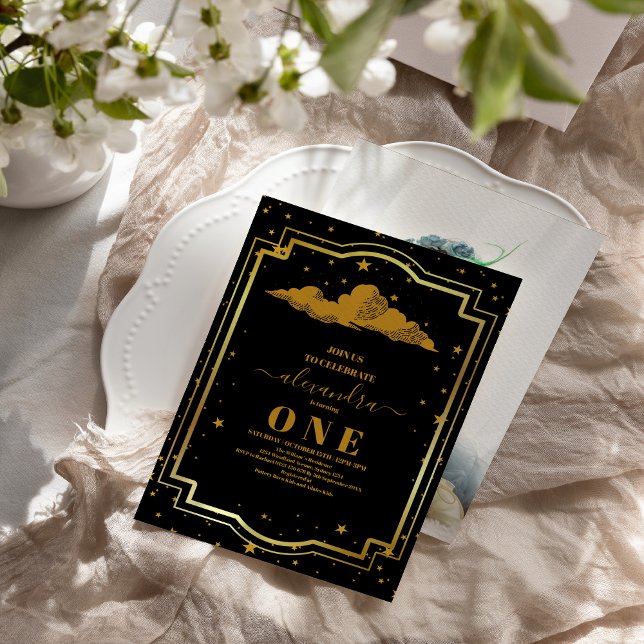 Convites Foto Elegante primeiro aniversario Dourado Celesti (Criador carregado)