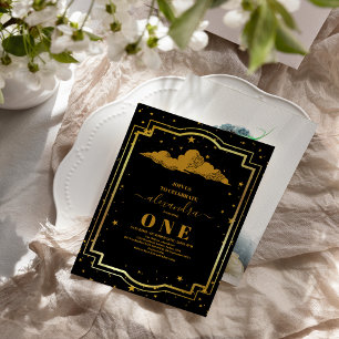 Convites Foto Elegante primeiro aniversario Dourado Celesti