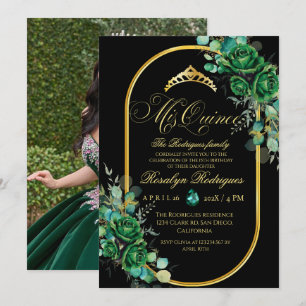 Convites Foto Elegante Quinceanera verde-negro Aniversário