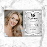 Convites Foto Elegante Silver 50º Aniversário<br><div class="desc">Elegante convite de 50 anos femininos com sua foto. Design com falso brilho de prata. Apresenta faixas, fonte de script e confetti. Perfeito para uma festa de comemoração de na moda adulto. Personalize com seus próprios detalhes. Pode ser personalizado para qualquer idade! Impressos convites Zazzle ou modelo de impressão digital...</div>