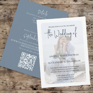 Convites Foto Elegante Simples Código QR Dusty Blue RSVP