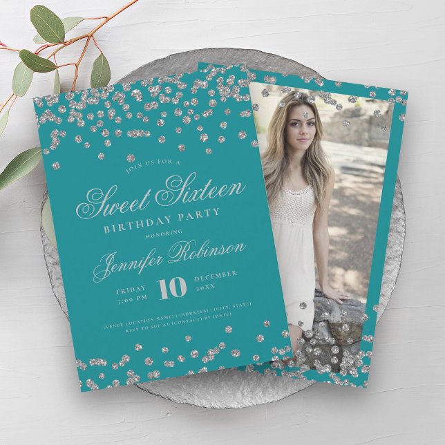 Convites Foto elegante Turquoise Confetti Foto Sweet 16 (Elegant Silver Turquoise Confetti Photo Sweet 16 Invitation)
