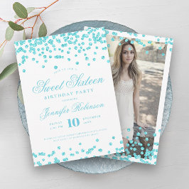 Convites Foto Elegante Turquoise Confetti Sweet 16