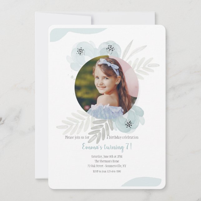 Convites Foto em Aquarela Azul Empoeirado (Frente)