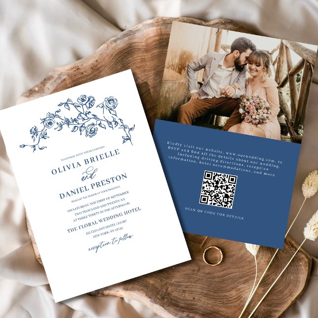 Convites Foto em francês Floral Código QR Marinho Casamento (Criador carregado)