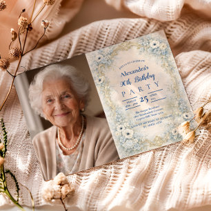 Convites Foto em Moldura Barroca Floral Azul para Aniversár