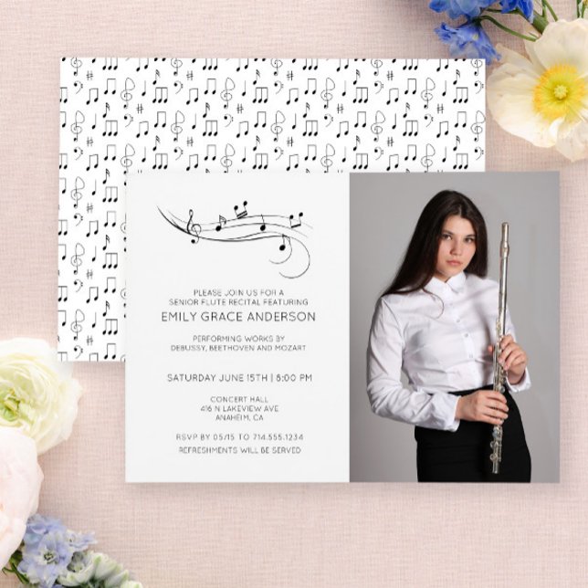 Convites Foto em preto e branco de Notas Musicais de Recita (Easily personalize this recital invite with your photo and details.)