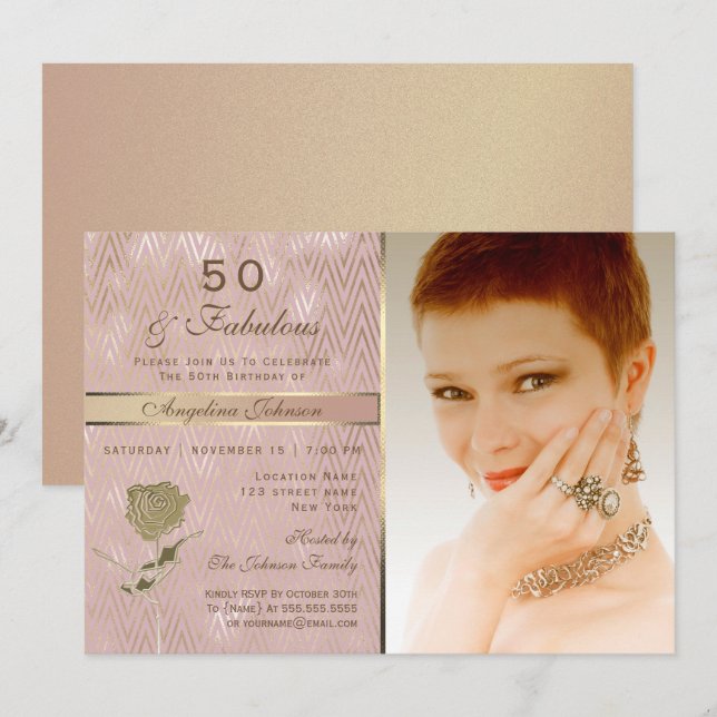Convites Foto em Rosa Dourado para 50º Aniversário (Frente/Verso)