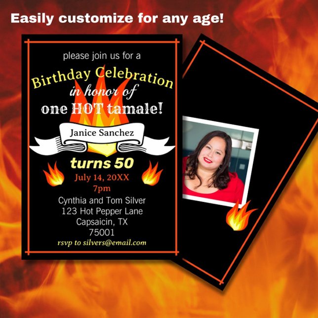 Convites Foto engraçada de 50º aniversário "Tamale quente" (Spice up a 50th birthday with this fun, sassy Hot Tamale birthday party invitation!)