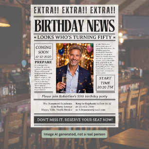 Convites Foto engraçada de homem no jornal de aniversário d