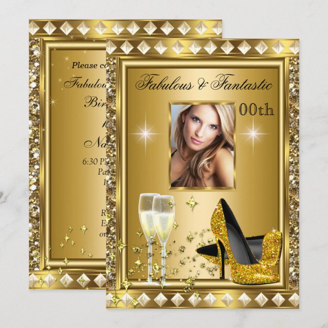 Convites Foto fabulosa, Dourada Glitz Glam Hollywood Aniver (Frente/Verso)