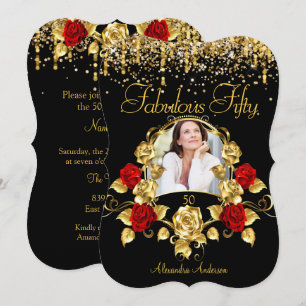 Convites Foto Fabuloso 50 Festa Rosas Vermelhas Brilho Dour