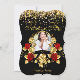 Convites Foto Fabuloso 50 Festa Rosas Vermelhas Brilho Dour