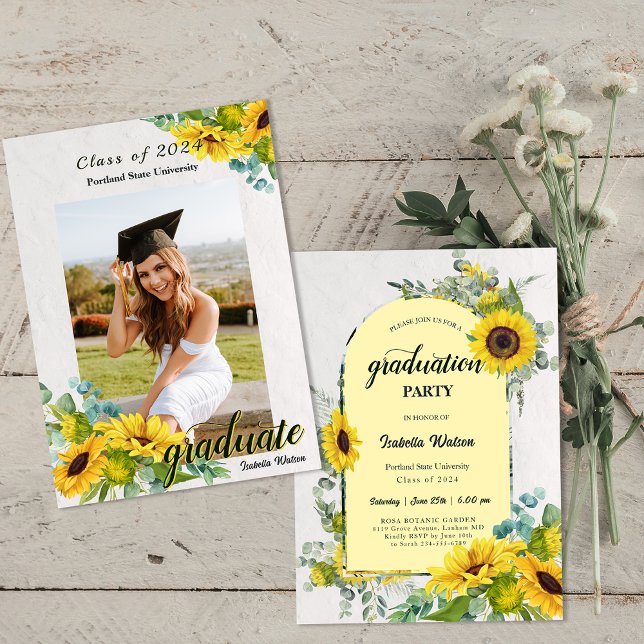 Convites Foto: Festa de formatura de Script Sunflower (Photo Sunflower Script Graduation Party Invitation)