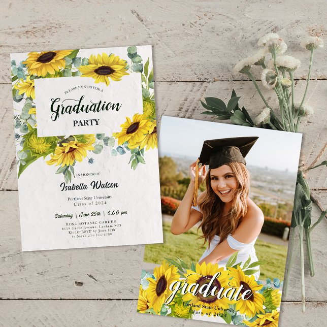 Convites Foto: Festa de formatura de Script Sunflower (Photo Sunflower Script Graduation Party Invitation)