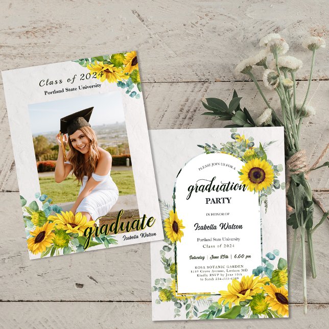 Convites Foto: Festa de formatura de Script Sunflower (Photo Sunflower Script Graduation Party Invitation)