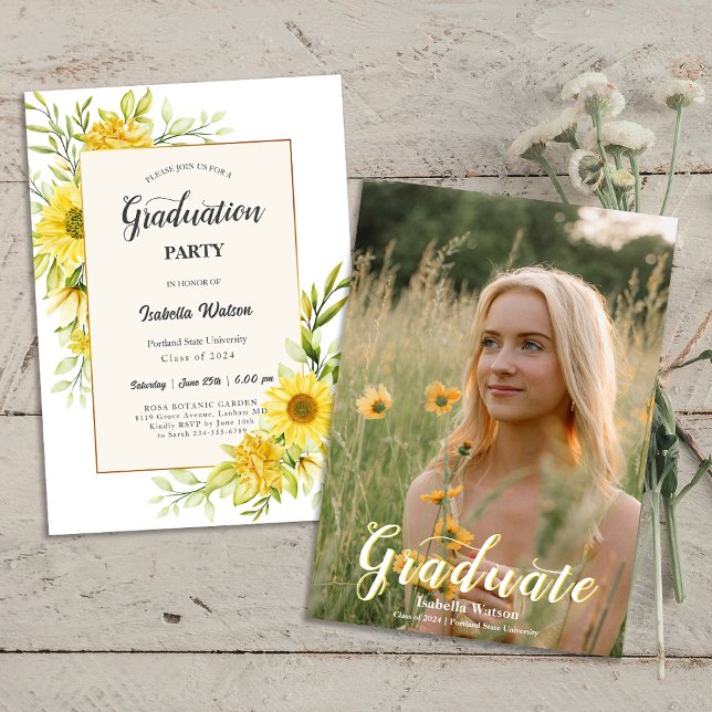 Convites Foto: Festa de formatura de Script Sunflower (Photo Sunflower Script Graduation Party Invitation)