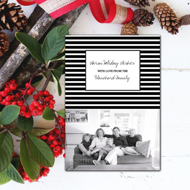 Convites Foto Festiva Negra Feriado (Black Festive Stripes Holiday Photo Card)