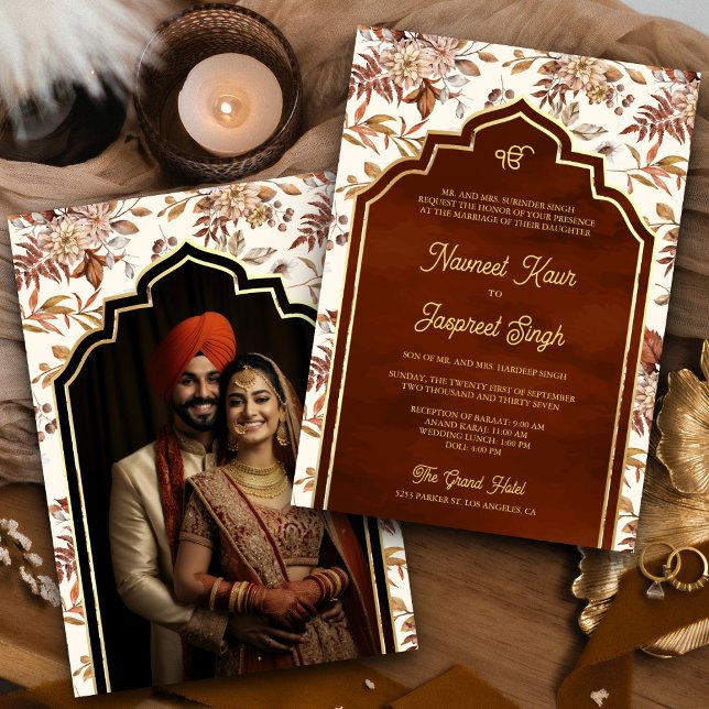 Convites Foto Floral Anand Karaj Sikh Casamento Rust Orange (Criador carregado)