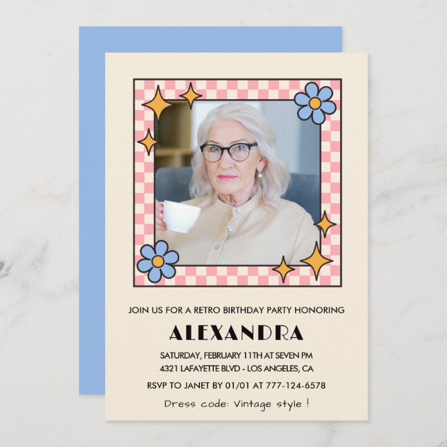 Convites Foto Floral Azul Cor-de-Rosa 99.º aniversário (Frente/Verso)