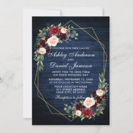 Convites Foto Floral Azul De Madeira Traseira Geométrica Do