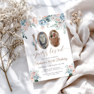 Convites Foto Floral Azul e Rosa 100º Aniversário