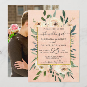 Convites Foto Floral Beige Blush Rosas Dourados Casamento R