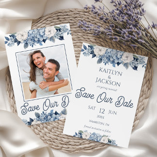 Convites Foto Floral Blue Hydrangea Casamento Salva a Data