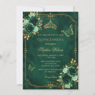 Convites Foto Floral Borboleta Dourada Esmeralda Quinceañer
