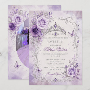 Convites Foto Floral Borboleta Roxo Prata Doce 16