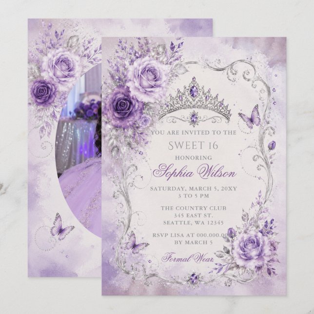 Convites Foto Floral Borboleta Roxo Prata Doce 16 (Frente/Verso)