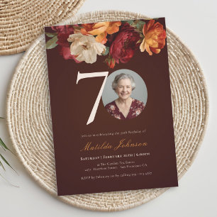Convites Foto Floral Borgonha Romântica de 70º Aniversário