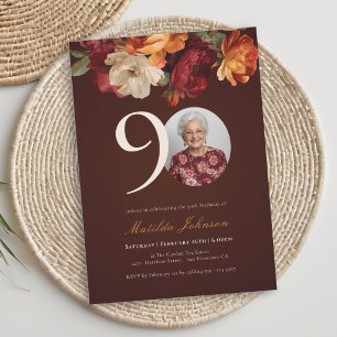 Convites Foto Floral Borgonha Romântica de 90º Aniversário