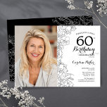 Convites Foto Floral Branca Elegante 60º Aniversário<br><div class="desc">Convite de aniversário preto branco floral 60º com sua foto na frente da placa. Design minimalista moderno com desenhos botânicos em destaque, folha de ouro falsa e letra de script de tipografia. Simples trendy convida cartão perfeito para uma festa de na moda. Pode ser personalizado para qualquer idade. Impressos convites...</div>