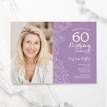 Convites Foto Floral Branca Elegante 60º Aniversário<br><div class="desc">Lavanda verde claro branco floral 60º convite de aniversário com sua foto na frente do cartão. Design minimalista moderno com desenhos botânicos em destaque, folha de ouro falsa e letra de script de tipografia. Simples trendy convida cartão perfeito para uma festa de na moda. Pode ser personalizado para qualquer idade....</div>