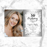 Convites Foto Floral Branca Elegante Foto 50º Aniversário<br><div class="desc">Elegante convite floral feminino para o 50º aniversário com sua foto. Glam design com falso prata. Possui rosas brancas, fonte de script e confetti. Perfeito para uma festa de comemoração de na moda adulto. Personalize com seus próprios detalhes. Pode ser personalizado para qualquer idade! Impressos convites Zazzle ou modelo de...</div>