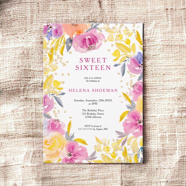 Convites Foto floral com brilho de ouro roxo boêmico doce 1 (Bohemian purple gold glitter floral photo Sweet 16 Invitation)
