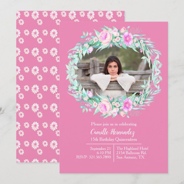 Convites Foto Floral Cor-de-Rosa Quinceañera (Frente/Verso)
