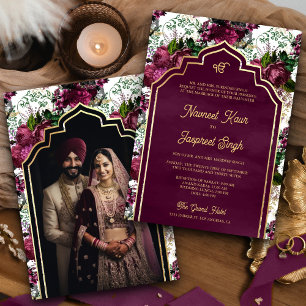 Convites Foto Floral de Ameixa Anand Karaj Casamento Sikh