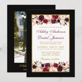 Convites Foto Floral de Casamento Elegante Burgundy Dourada