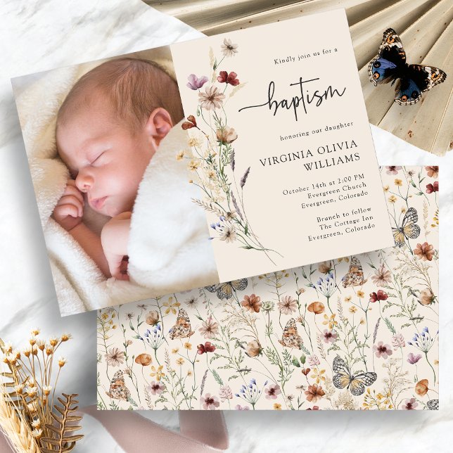 Convites Foto Floral do Batismo (Boho Baptism Floral Photo Invitation by Painted Paperie
)