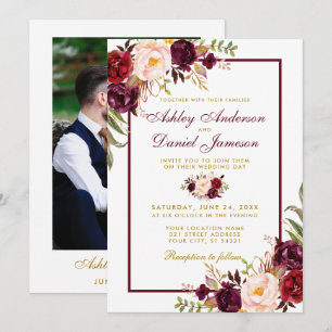 Convites Foto Floral Dourada B de Casamento Burgundy Waterc