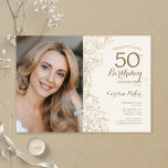 Convites Foto Floral Dourada Elegante 50º Aniversário<br><div class="desc">Dourado e marfim creme floral 50º convite de aniversário com sua foto na frente do cartão. Design minimalista moderno com desenhos botânicos em destaque, folha de ouro falsa e letra de script de tipografia. Simples trendy convida cartão perfeito para uma festa de na moda. Pode ser personalizado para qualquer idade....</div>