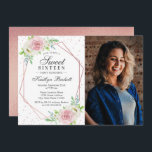 Convites Foto Floral Floral Rosa Gold Chic 16 Aniversário<br><div class="desc">Celebre em estilo com esses na moda e muito tensos convites de aniversário geométricos 16 florais de folha de rosa de ouro floral. Esta design é fácil de personalizar com a sua redação de eventos especiais e seus convidados ficarão entusiasmados quando receberem estes convites fabulosos.</div>