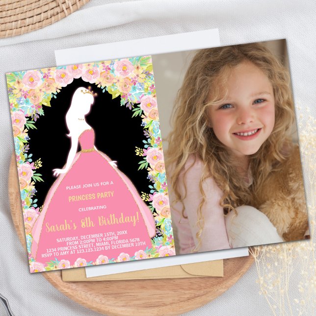 Convites Foto: Floral Glitter Black Pink Princess Aniversár (Photo Floral Glitter Black Pink Princess Birthday Invitation)