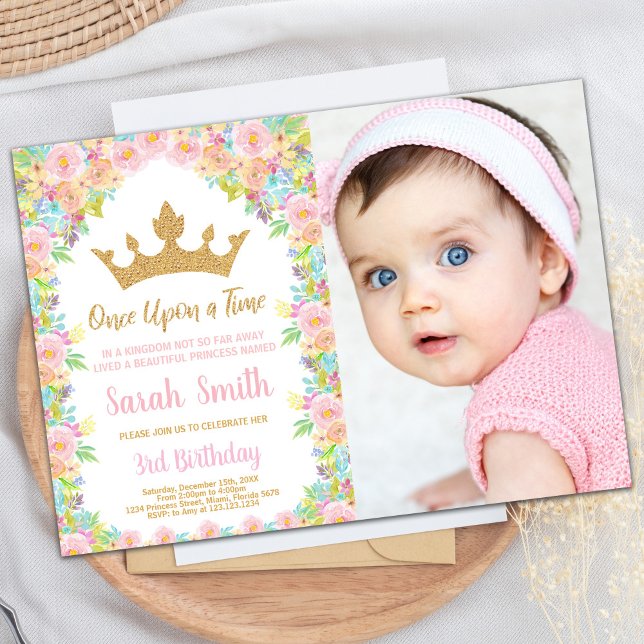 Convites Foto: Floral Glitter Crown Princess Aniversário (Photo Floral Glitter Crown Princess Birthday Invitation)