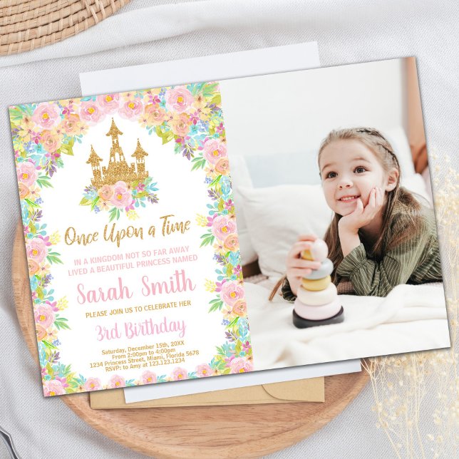 Convites Foto: Floral Glitter Ouro Princesa Aniversário (Photo Floral Glitter Golden Princess Birthday Invitation)